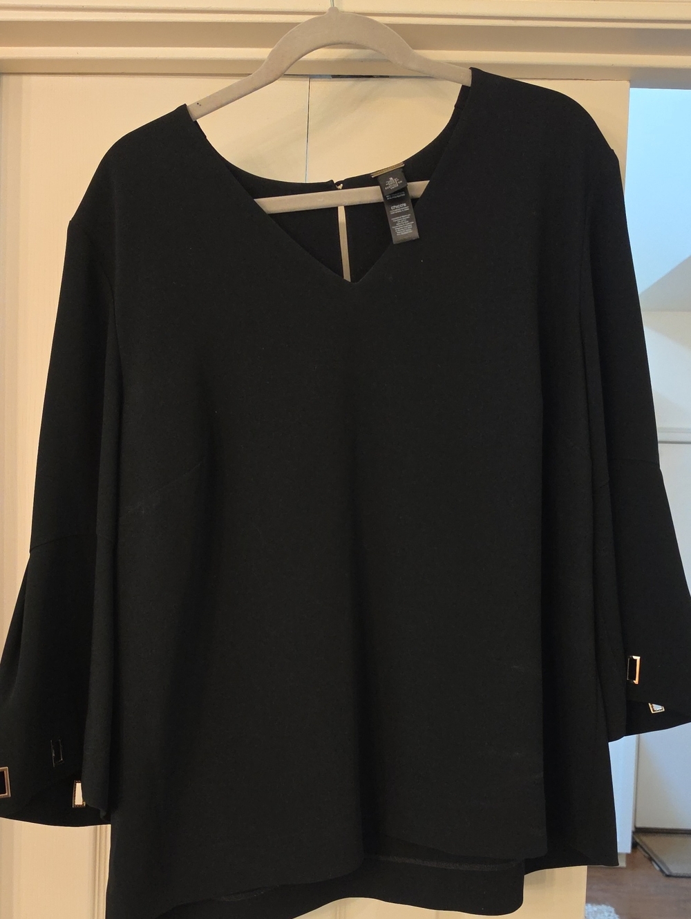 Chico's Black V-Neck Bell Sleeve Tunic with Gold Accents